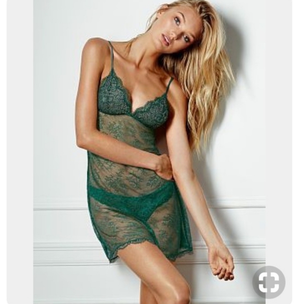 New Victoria's Secret Enerald Green Tie Back Sheer Lace Babydoll Slip